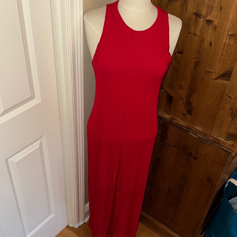 LOFT Red Ribbed Tank Maxi Dress